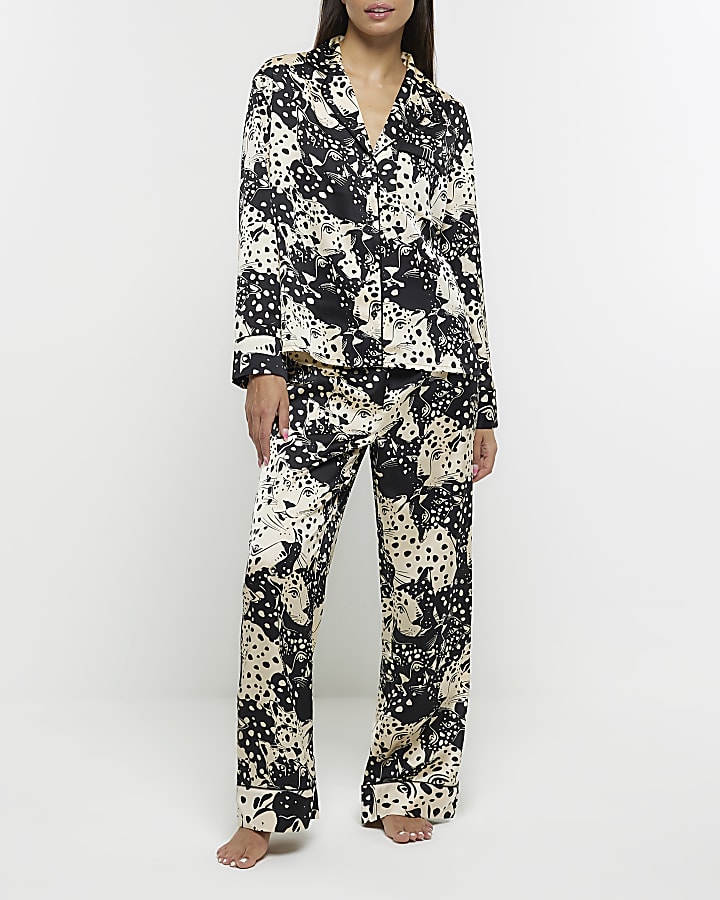 Black satin animal print pyjama shirt