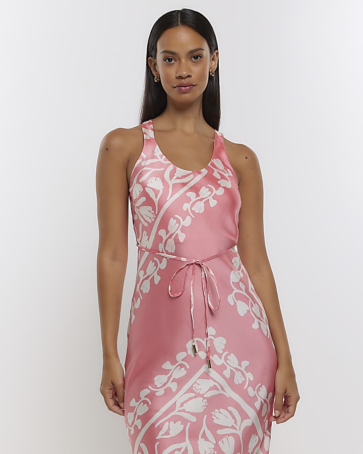 Coral print slip midi dress