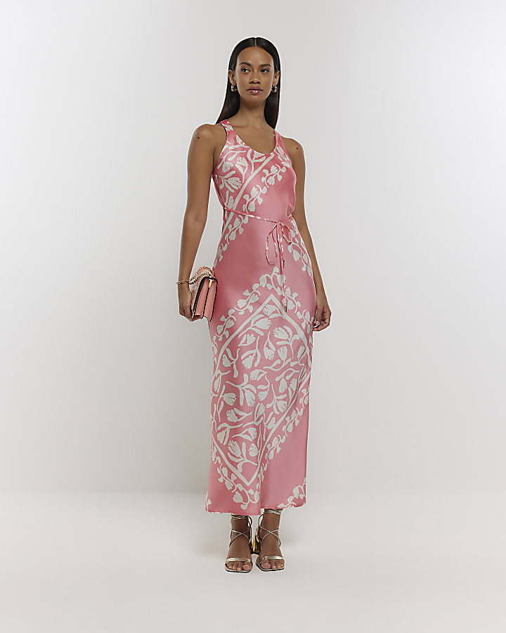 Coral print slip midi dress