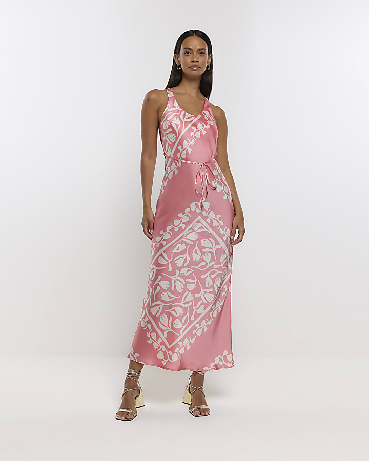 Coral print slip midi dress