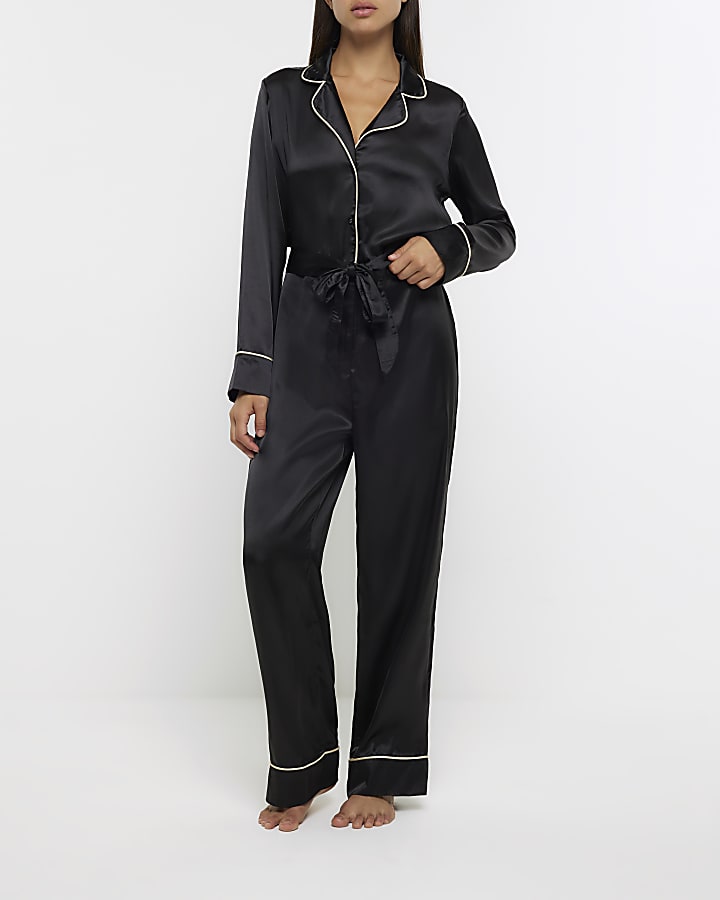 Black satin pyjama jumpsuit River Island