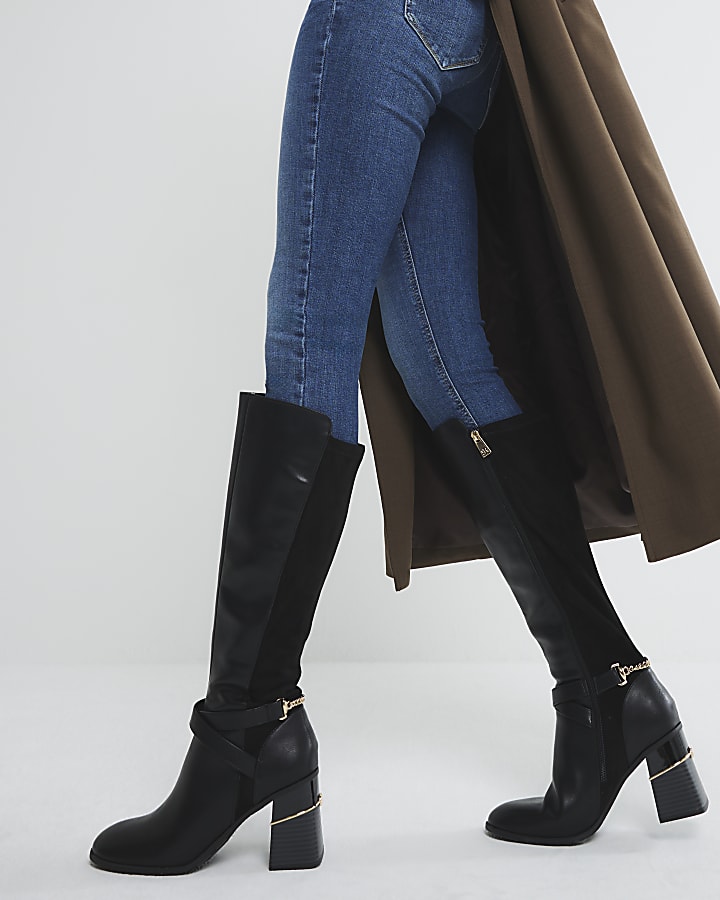 Black heeled knee boots online