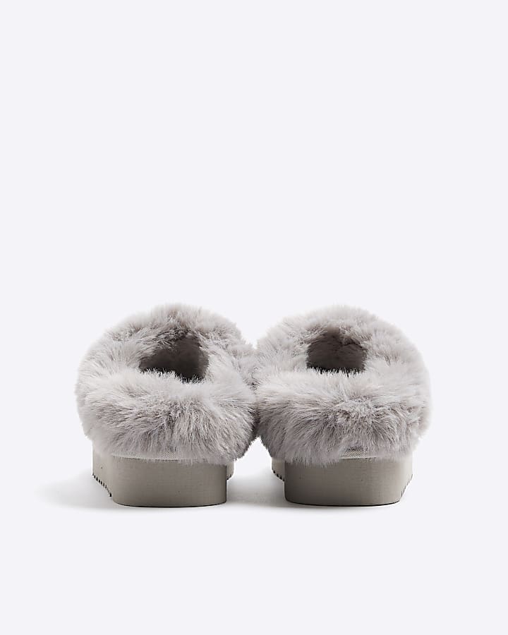 Grey faux fur platform slippers