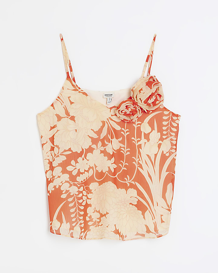 Red chiffon floral corsage cami top