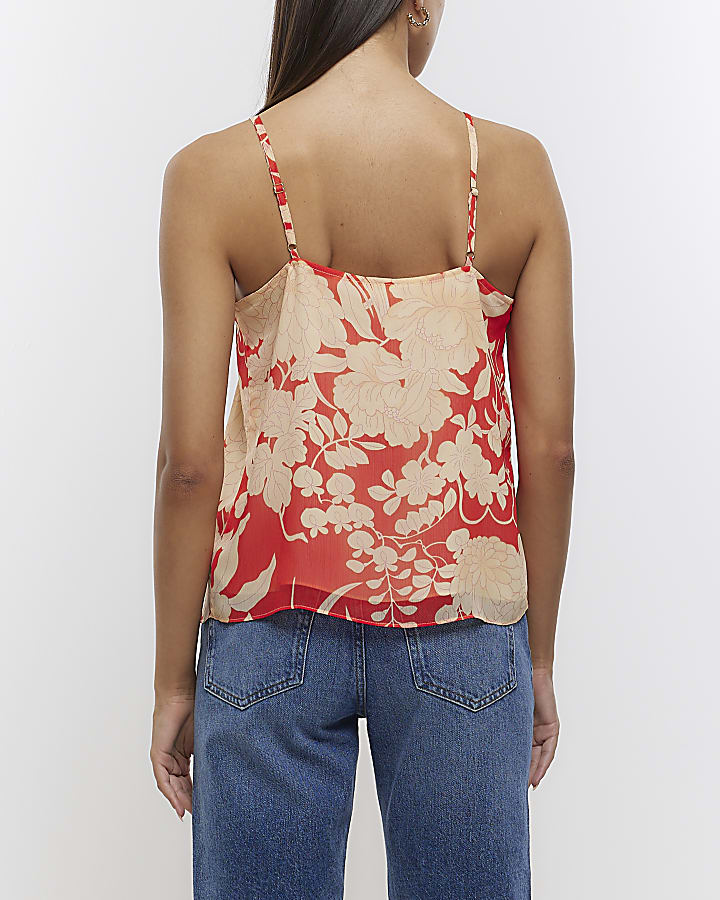 Red chiffon floral corsage cami top