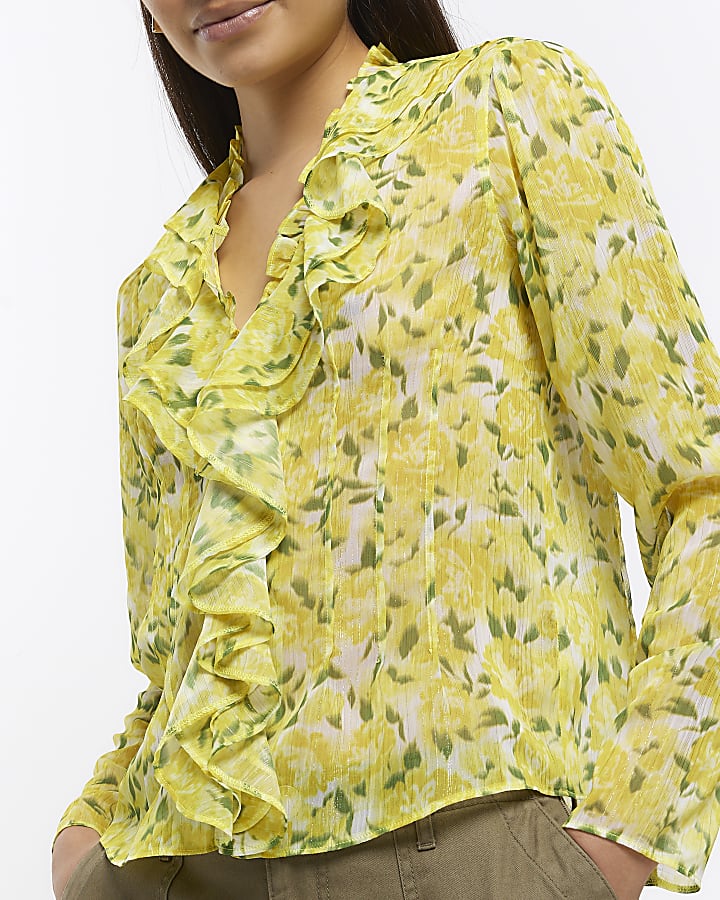 Yellow floral long sleeve ruffle blouse