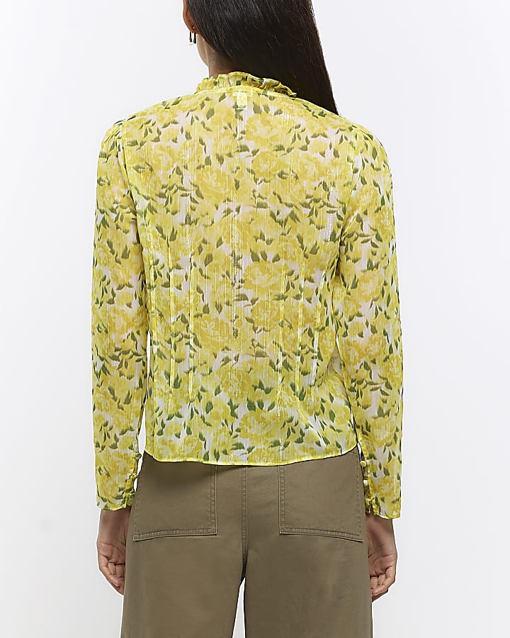 Yellow floral long sleeve ruffle blouse