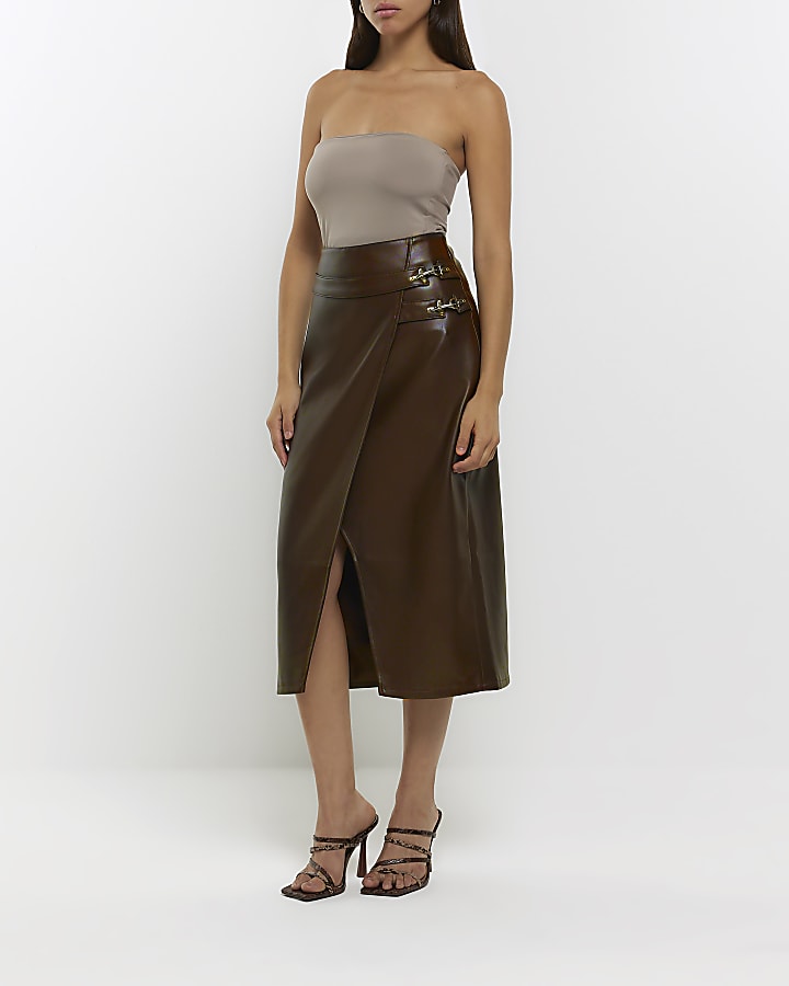 Brown faux leather wrap midi skirt River Island