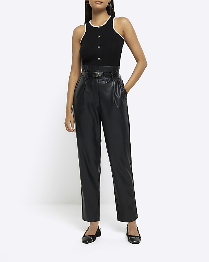 Black faux leather paperbag trousers River Island