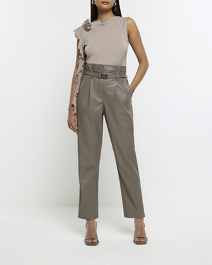 Grey faux leather belted paperbag trousers River Island