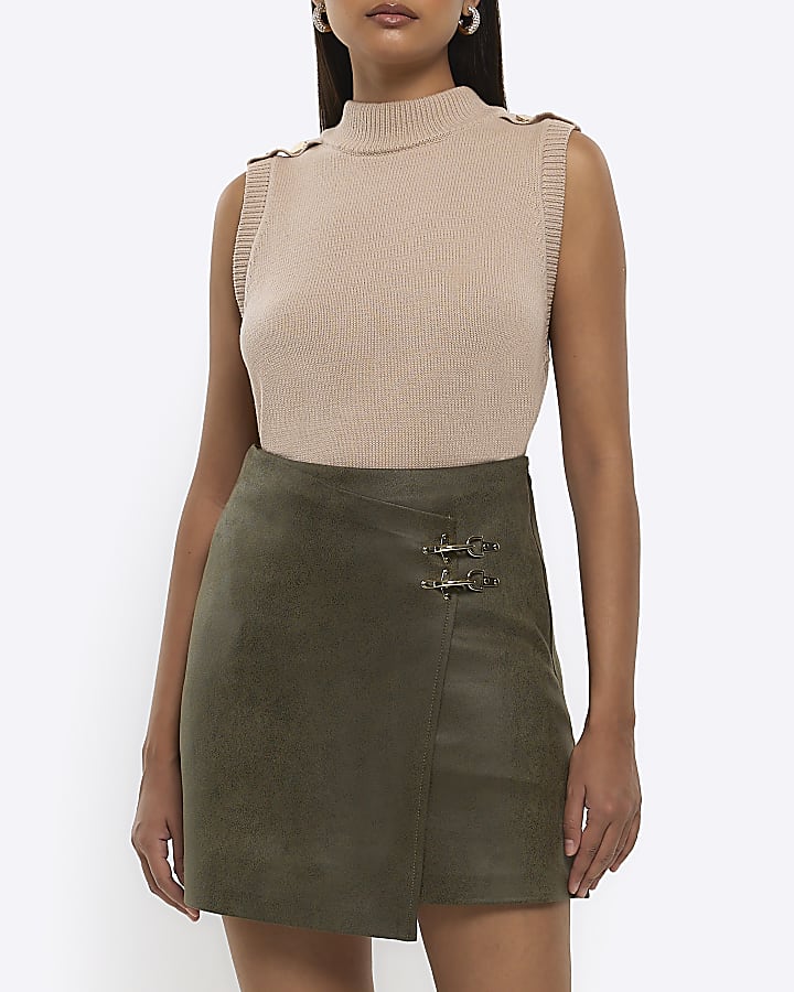 Khaki faux leather buckle mini skirt River Island