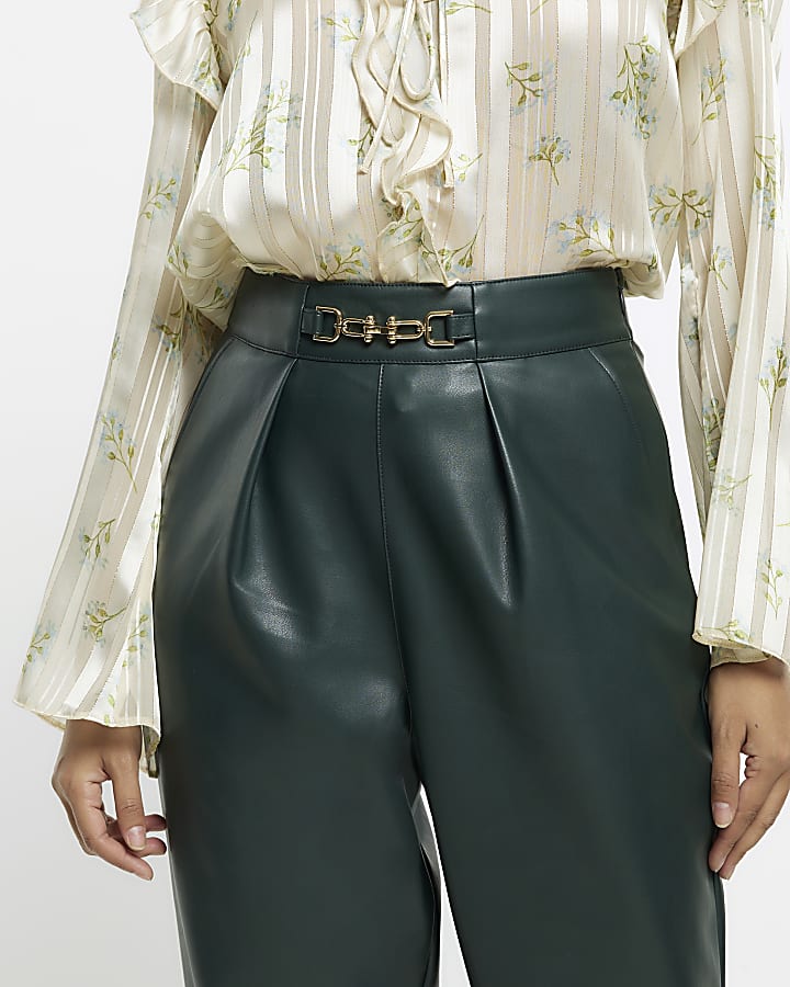 Green faux leather cigarette trousers