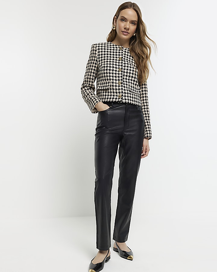 Black faux leather straight trousers