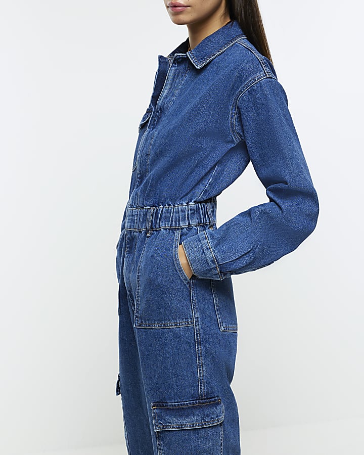 Blue denim utility jumpsuit