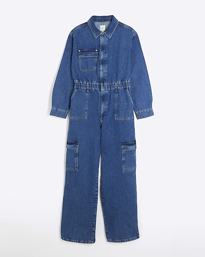 Blue denim utility jumpsuit