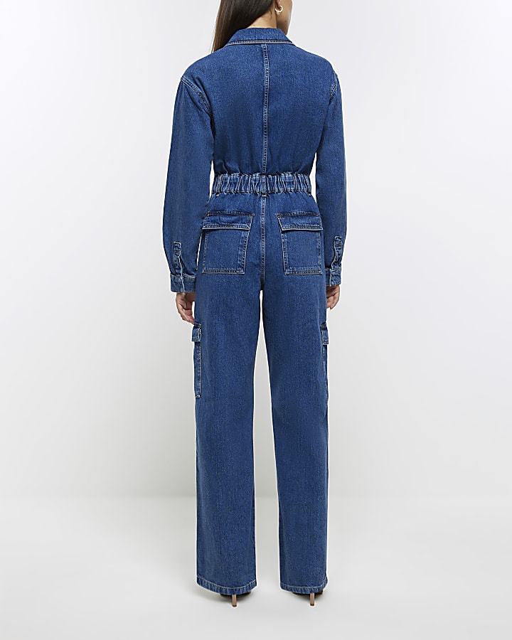 Blue denim utility jumpsuit