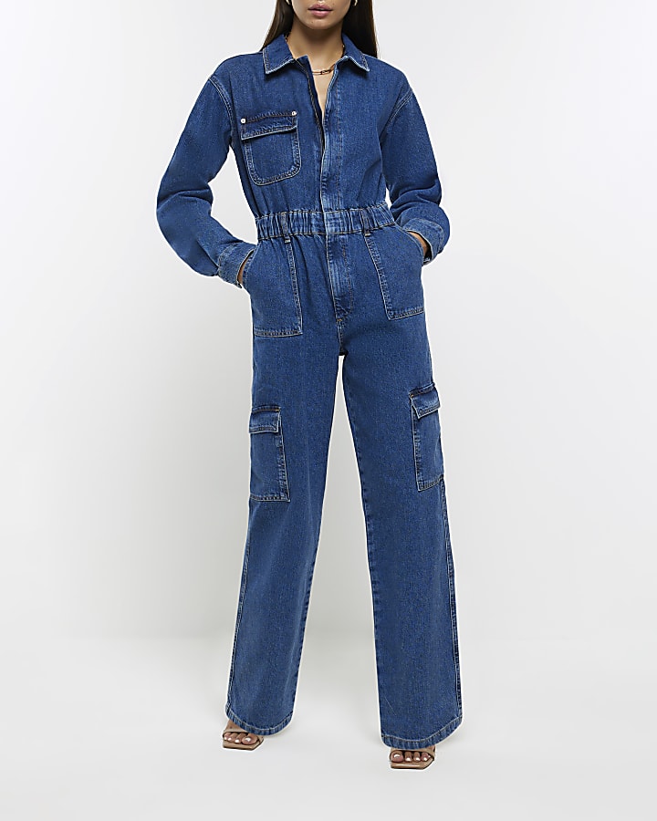 Blue denim utility jumpsuit