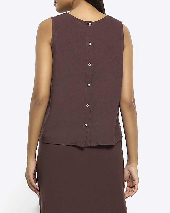 Brown button up sleeveless top with linen