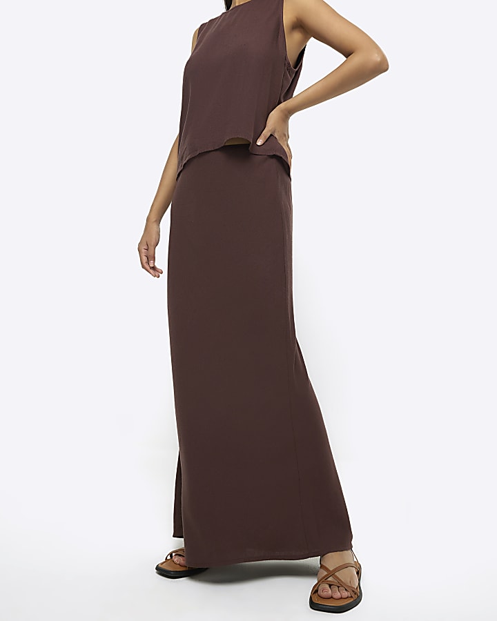 Brown maxi bias skirt with linen