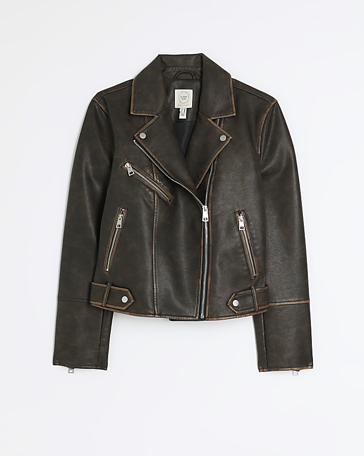 Brown faux leather distressed biker jacket