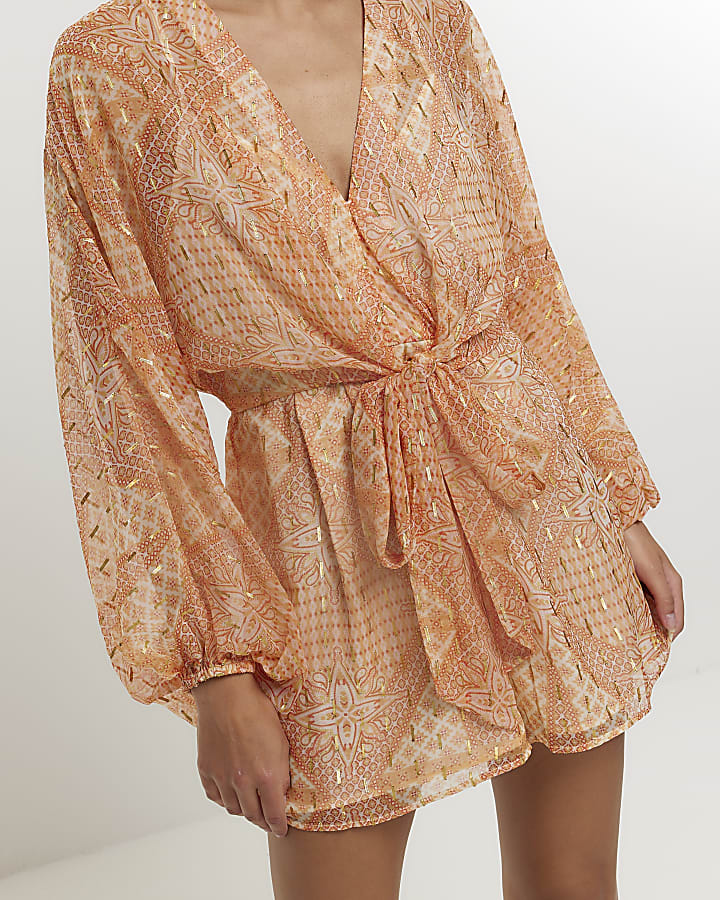 Orange print tie waist playsuit