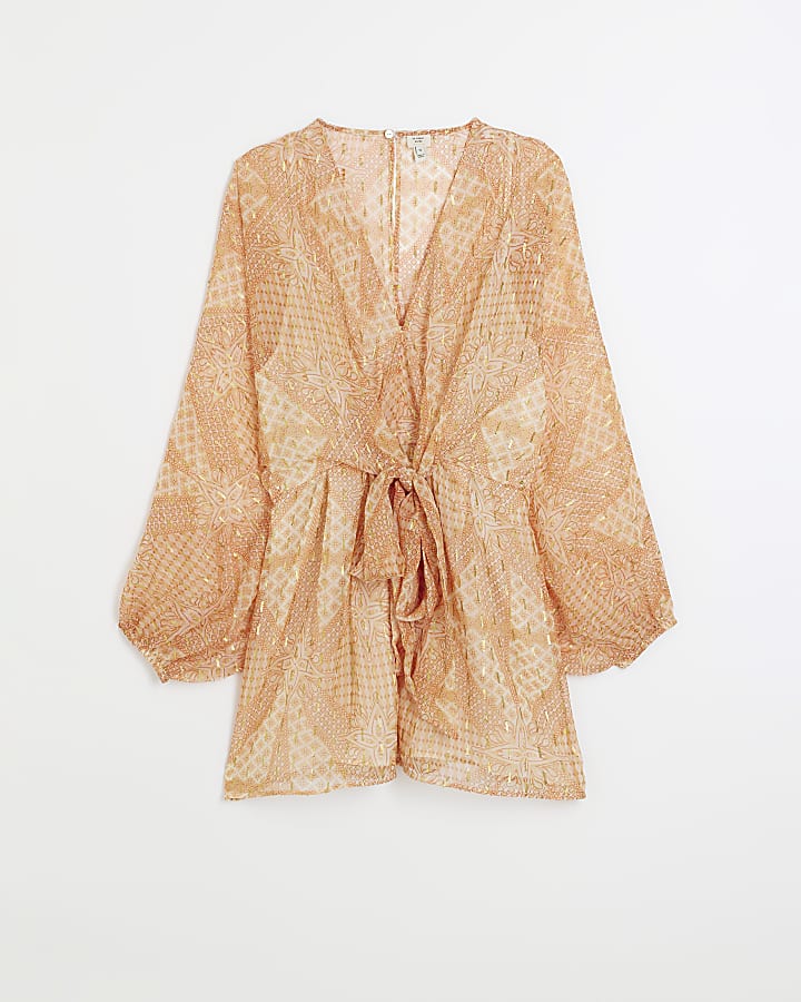 Orange print tie waist playsuit