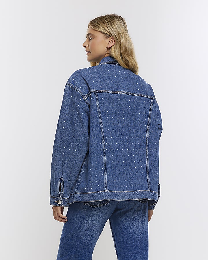 Blue oversized embellished denim jacket