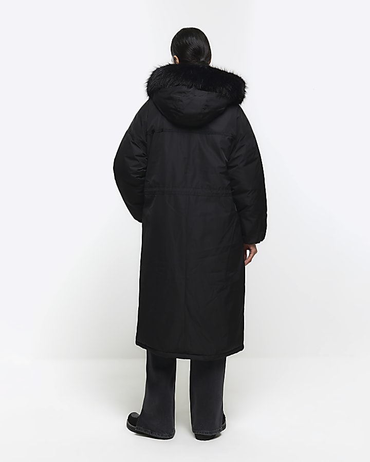 Black faux fur hood parka jacket