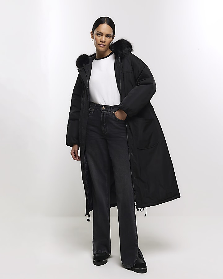 River island black long coat online