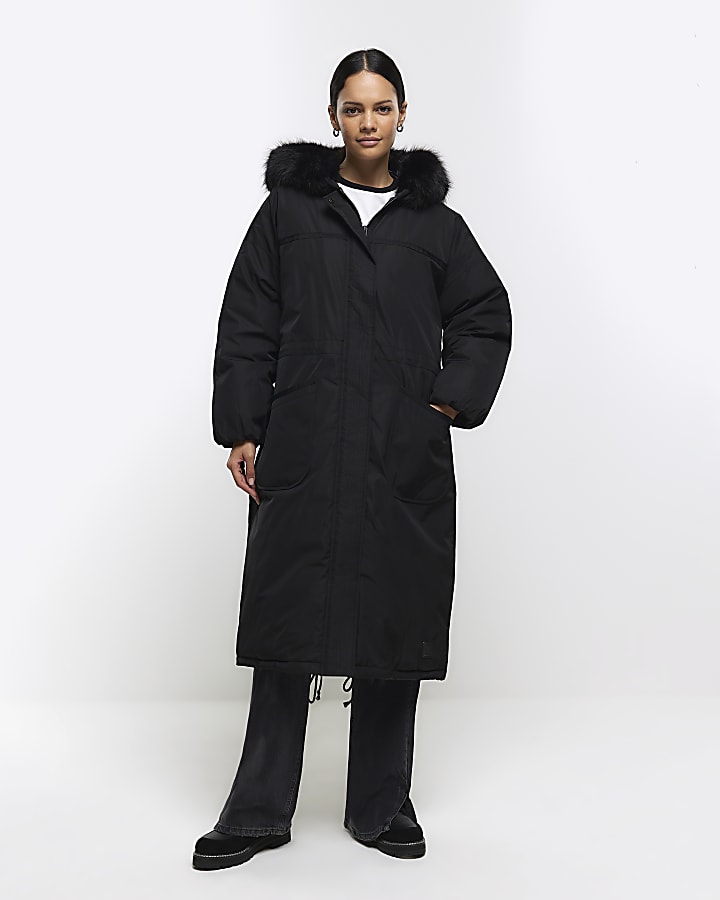 Black faux fur hood parka jacket