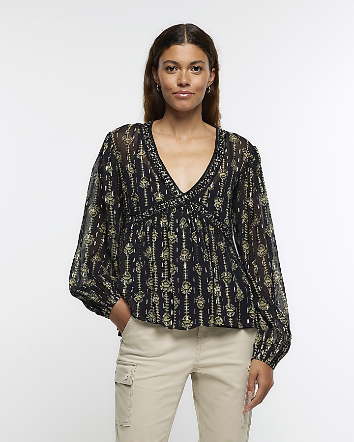 Black floral embellished blouse