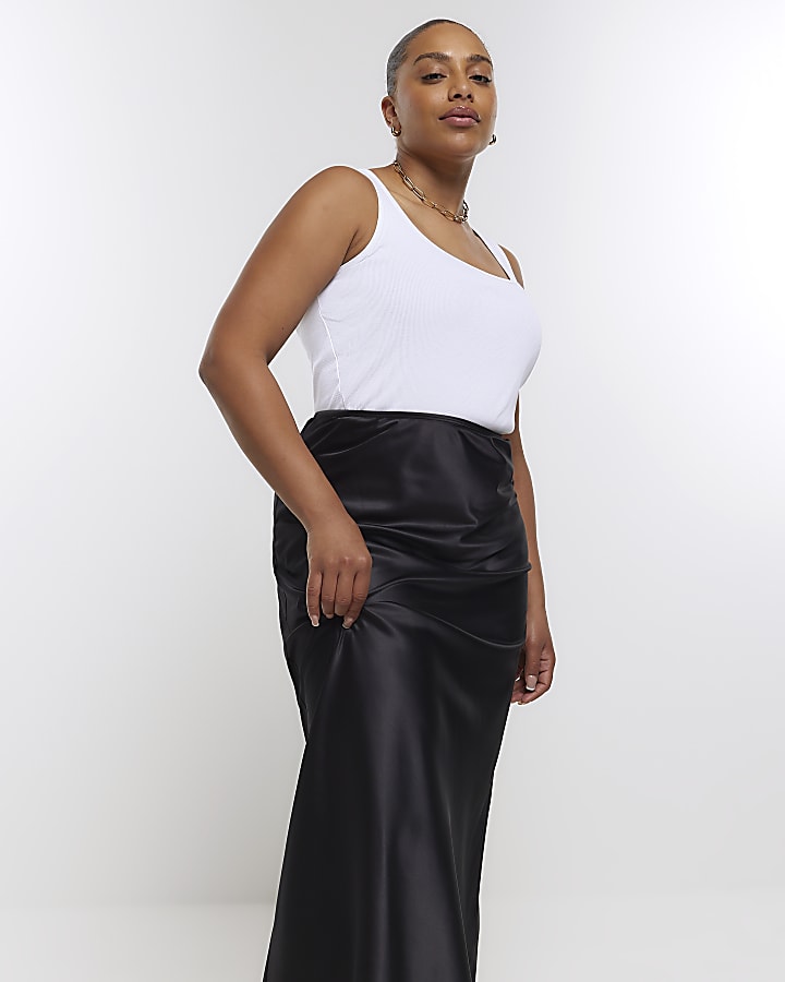 Plus black satin midi skirt