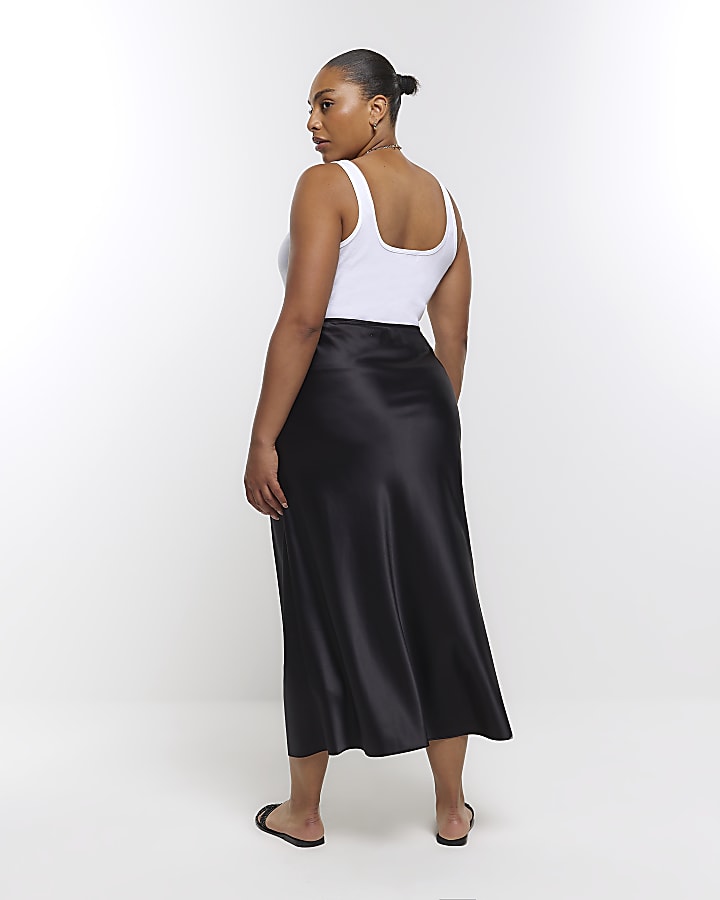 Plus black satin midi skirt