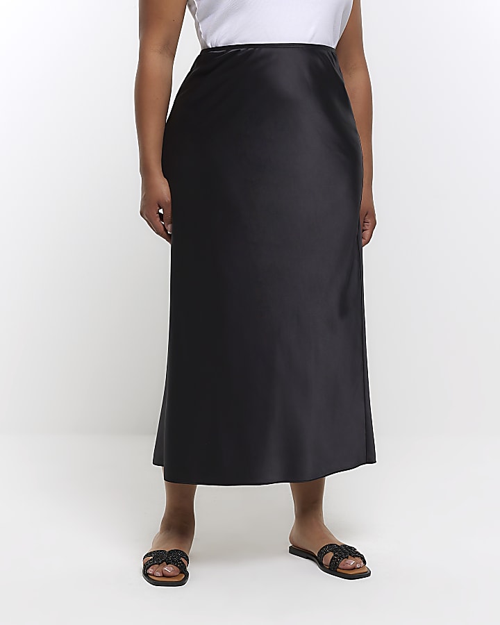 Plus black satin midi skirt