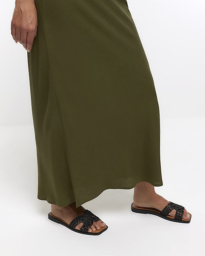 Khaki midi skirt with linen