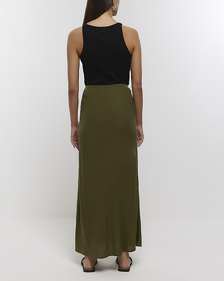 Khaki midi skirt with linen