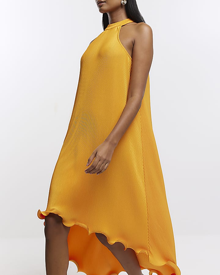 Orange Halter Neck Midi Dress River Island