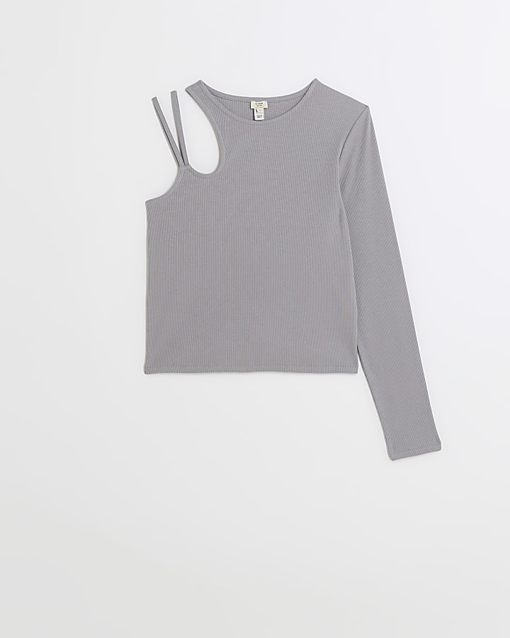 Grey ribbed asymmetric cut out top