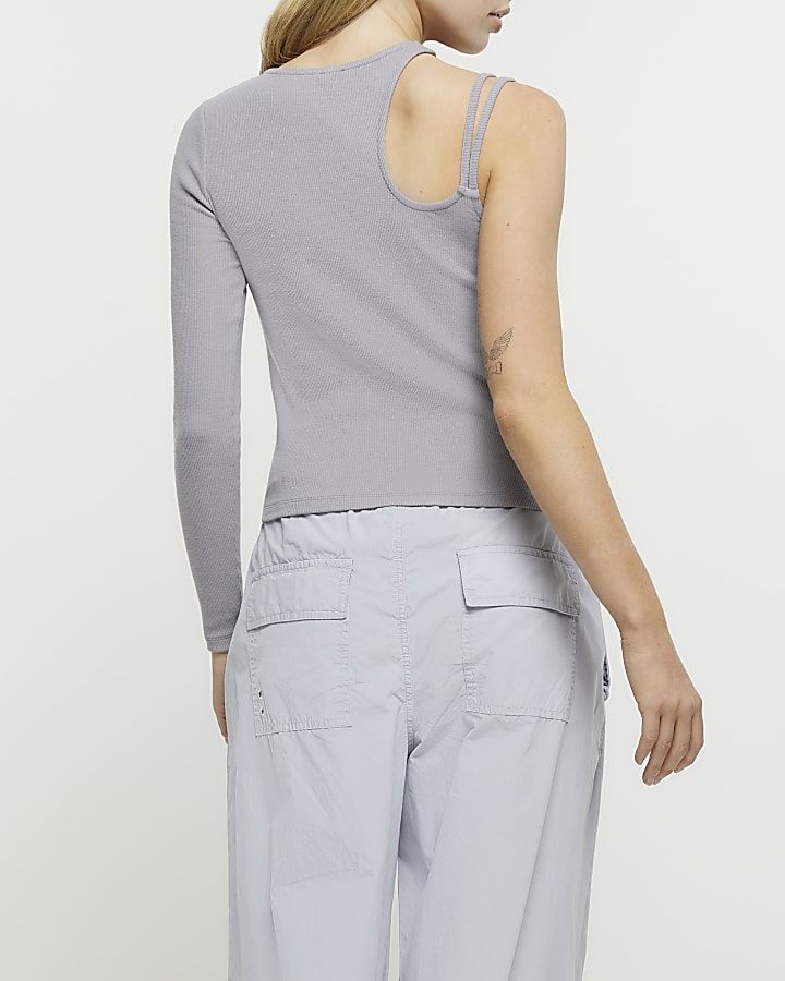 Grey ribbed asymmetric cut out top