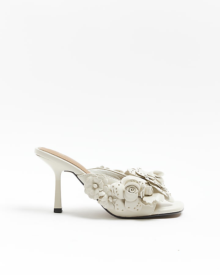 Cream flower heeled mule sandals River Island