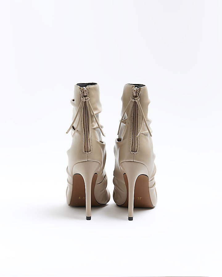 Beige Ruched Heeled Ankle Boots River Island