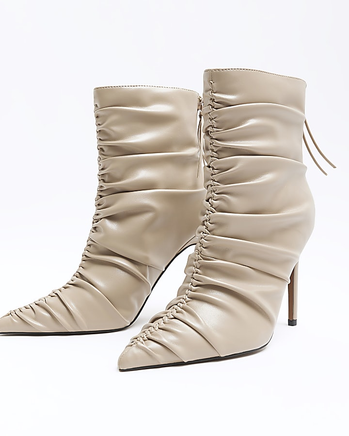 Beige ruched heeled ankle boots