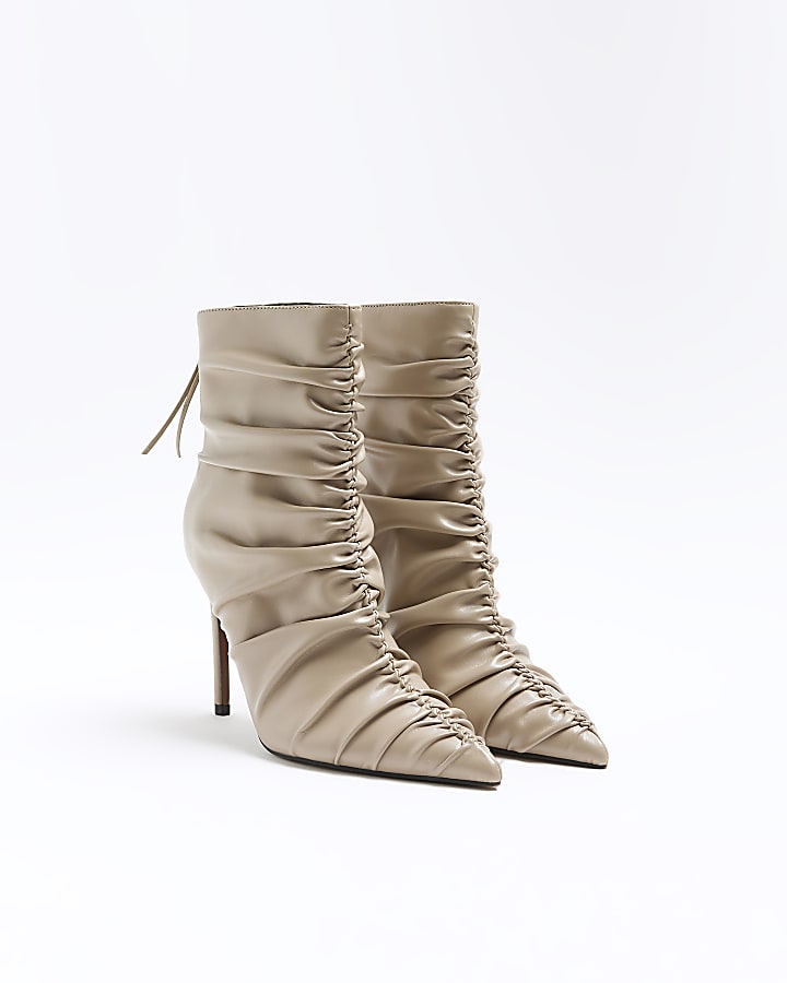 Beige ruched heeled ankle boots