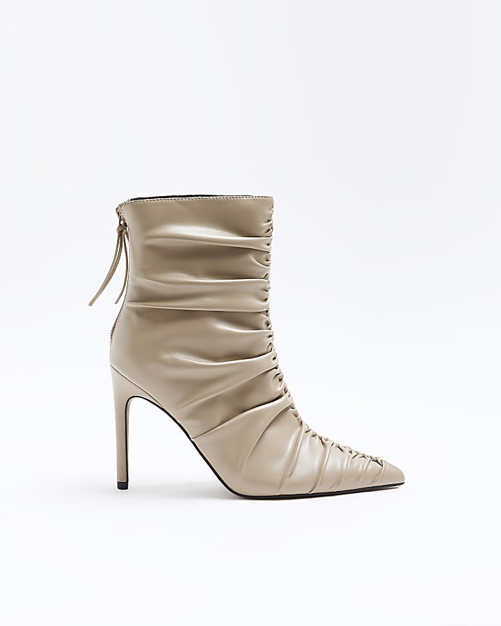 Beige ruched heeled ankle boots River Island