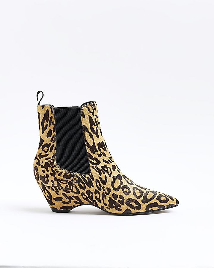 Brown leopard print leather kitten heel boots | River Island