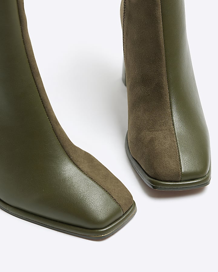 Khaki two tone square toe heeled ankle boots