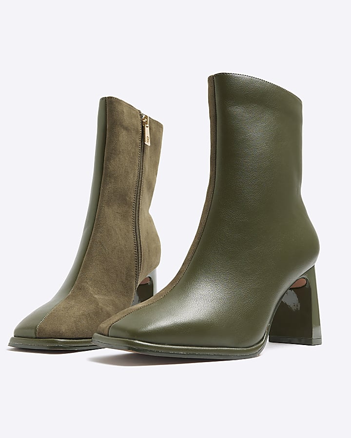 Khaki two tone square toe heeled ankle boots