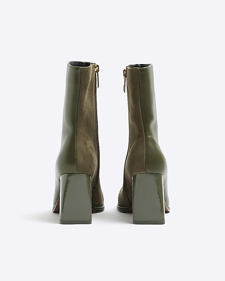 Khaki two tone square toe heeled ankle boots