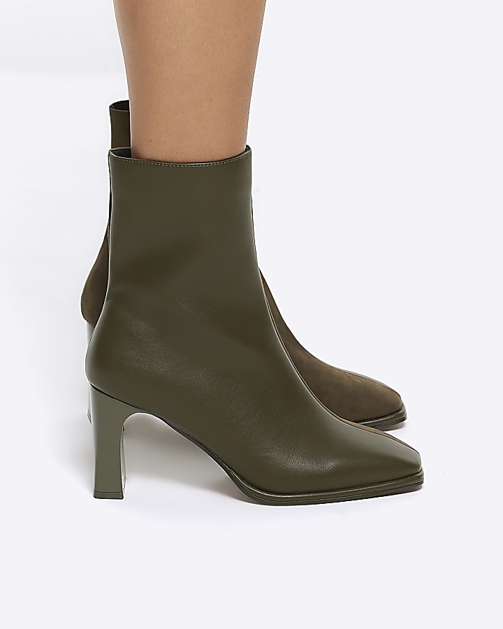 Khaki two tone square toe heeled ankle boots