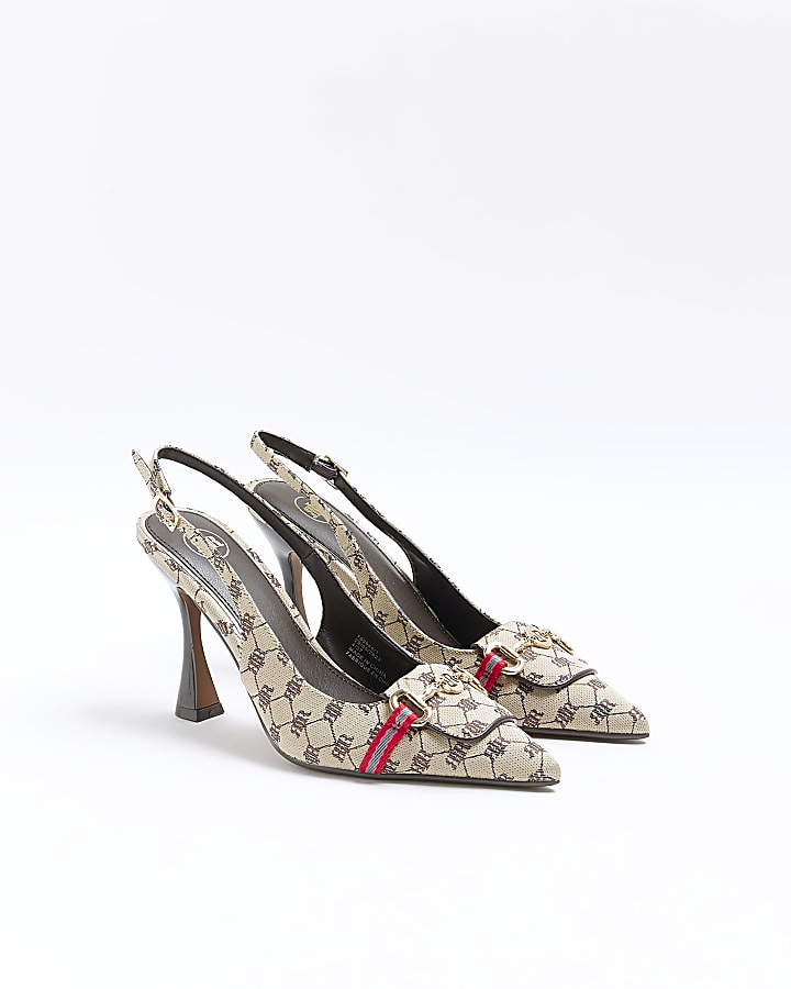 Beige RI monogram heeled sling back shoes